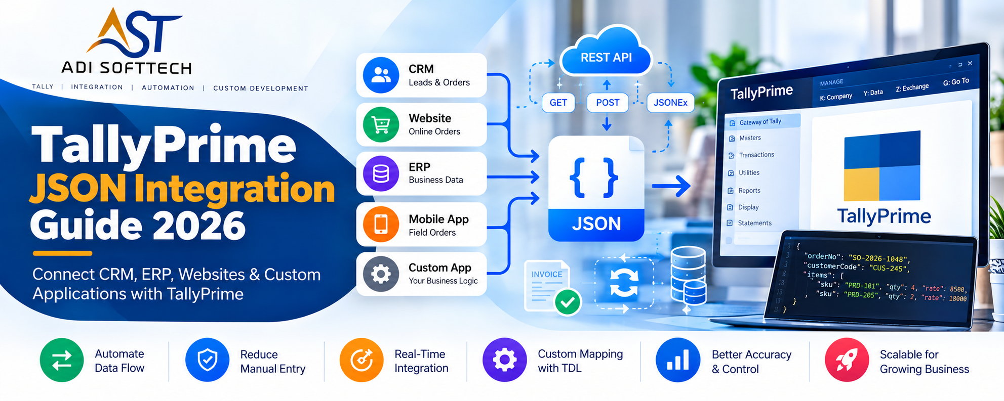 TallyPrime JSON Integration Guide 2026: JSONEx, TDL, REST API, CRM & ERP Integration